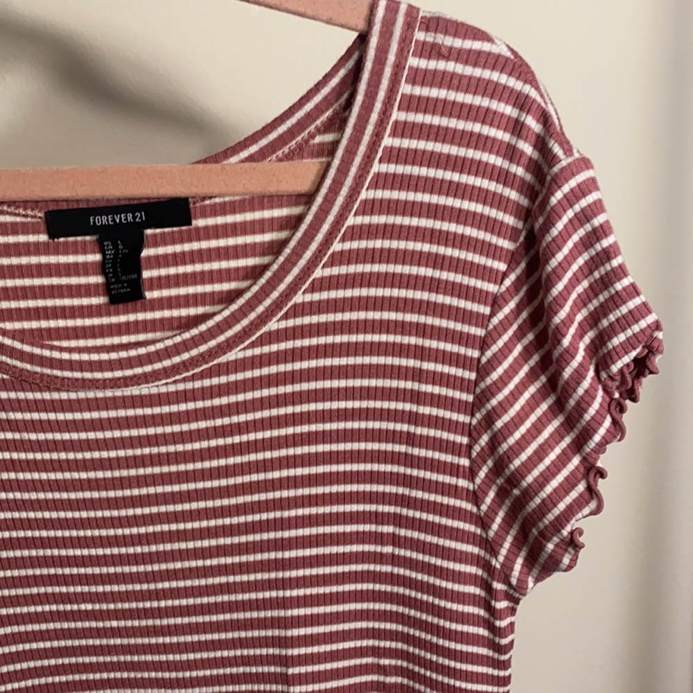 2/$10- FOREVER 21- Dress Short Sleeve Tunic Ruffle Hem Striped Stretch - Picture 2 of 7